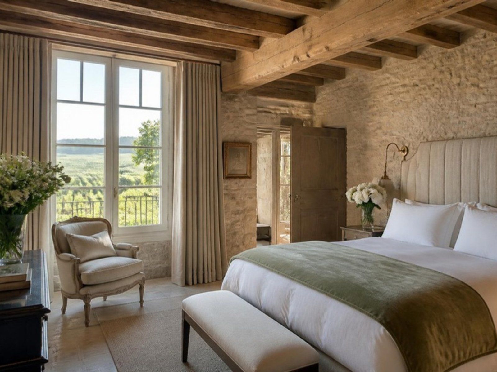 Chambre en pierre apparente, lit blanc, lumière du matin